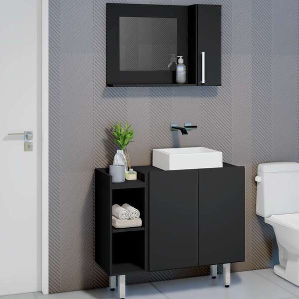 Conjunto Para Banheiro Gabinete E Espelheira Rooney 3 Pt Preto