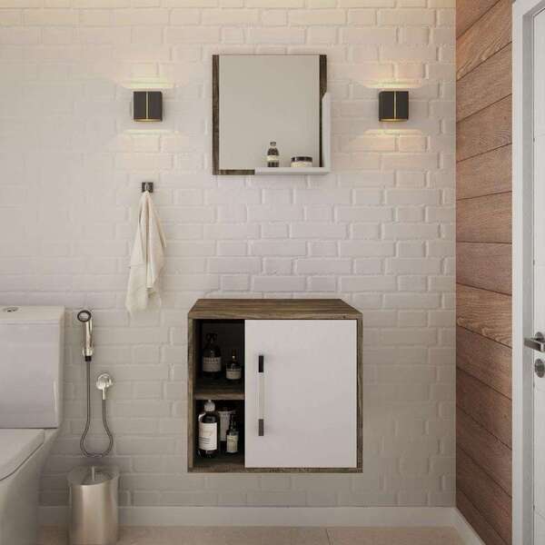 Conjunto Para Banheiro Gabinete E Espelheira Soft 500 Carvalh