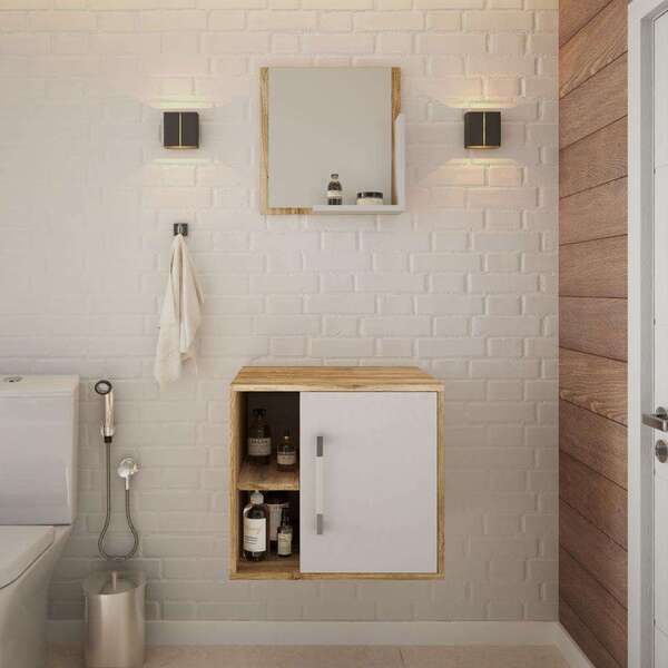 Conjunto Para Banheiro Gabinete E Espelheira Soft 500 Carvalh