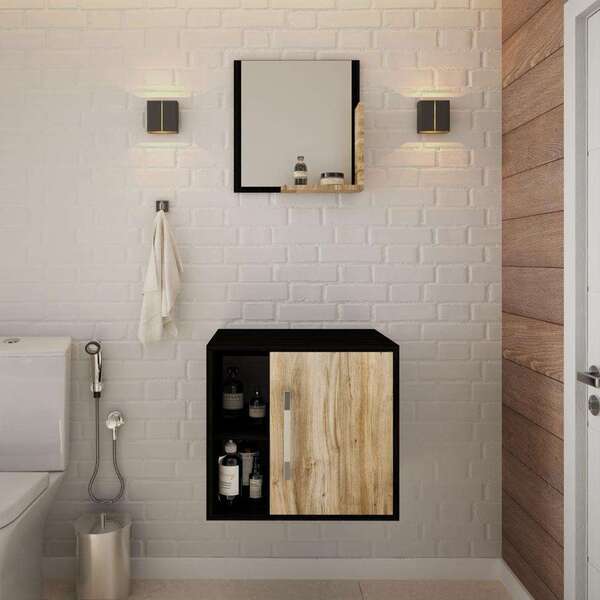 Conjunto Para Banheiro Gabinete E Espelheira Soft 500 Preto Ô