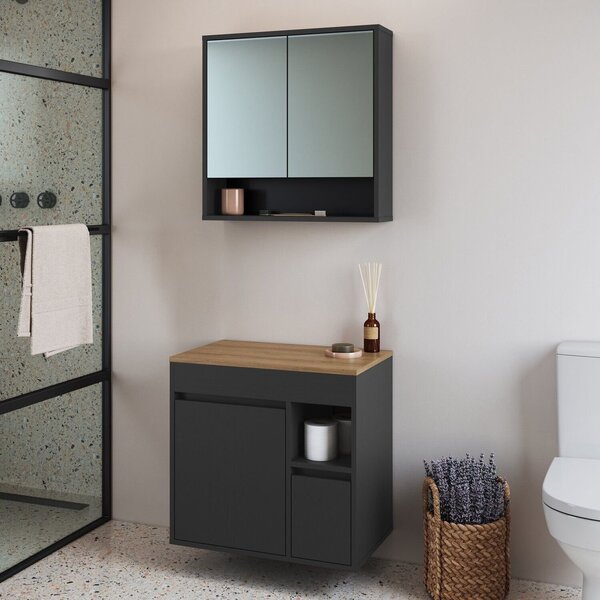 Conjunto Para Banheiro Gabinete Suspenso 60cm Com Espelheira