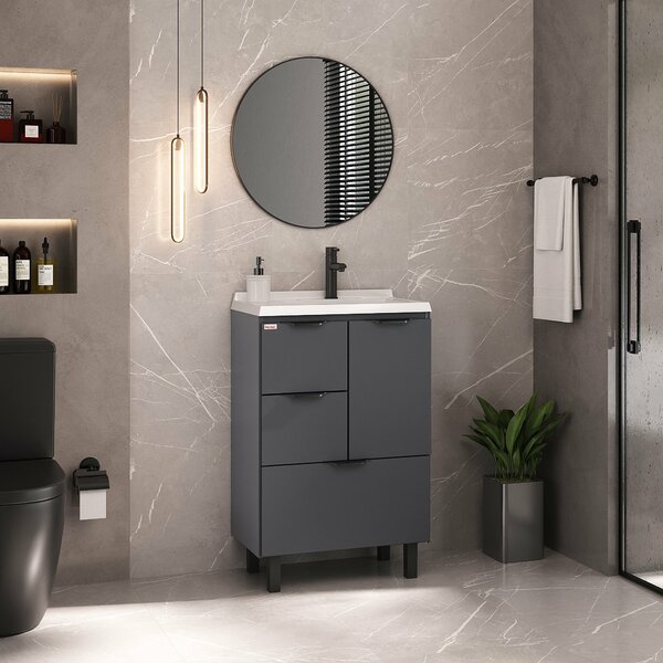 Conjunto Para Banheiro Luiza 60 Com Pés Espelho Redondo - Fab