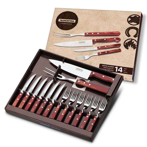 Conjunto Para Churrasco Inox 14 Peças Marrom 33cm Tramontina