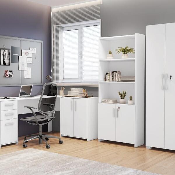 Conjunto Para Escritório 1 Mesa De Canto 2 Armários Altos Not