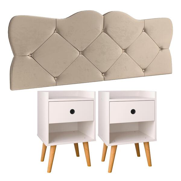 Conjunto Para Quarto Cabeceira Casal 1,40 Realeza Bege Com 2
