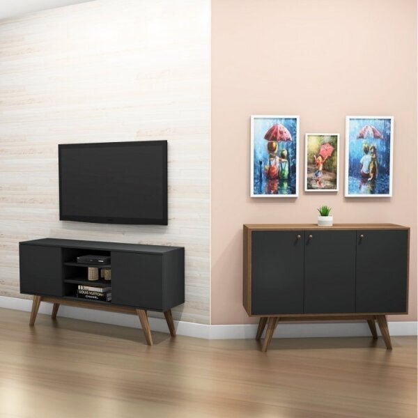 Conjunto Para Sala De Estar Rack E Aparador 3 Portas Blend Pr