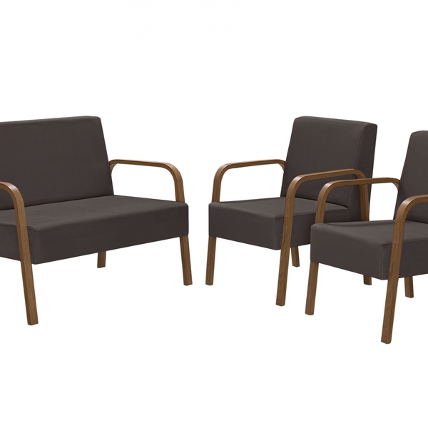 Conjunto Poltrona Decorativa Jade Braço Madeira Kit 3 Peças D