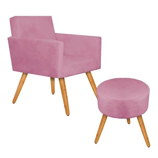 Conjunto Poltrona Decorativa Nina E Puff Redondo Suede Rosê