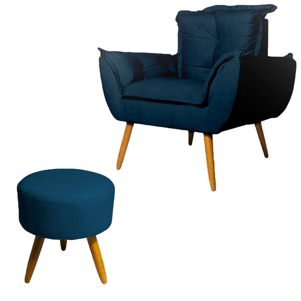 Conjunto Poltrona Decorativa Opala E Puff Rendondo Pés Palito