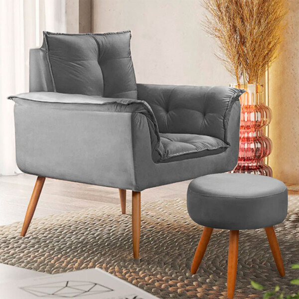 Conjunto Poltrona E Puff Decorativo Opala Veludo Cinza Chumbo