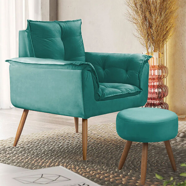 Conjunto Poltrona E Puff Decorativo Opala Veludo Turquesa Cia