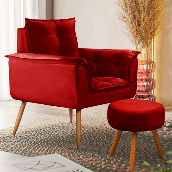 Conjunto Poltrona E Puff Decorativo Opala Veludo Vermelho - S