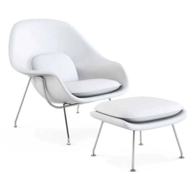 Conjunto Poltrona E Puff Saarinen Womb Em Couro Natural Branc