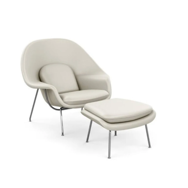 Conjunto Poltrona E Puff Saarinen Womb Em Couro Natural Creme