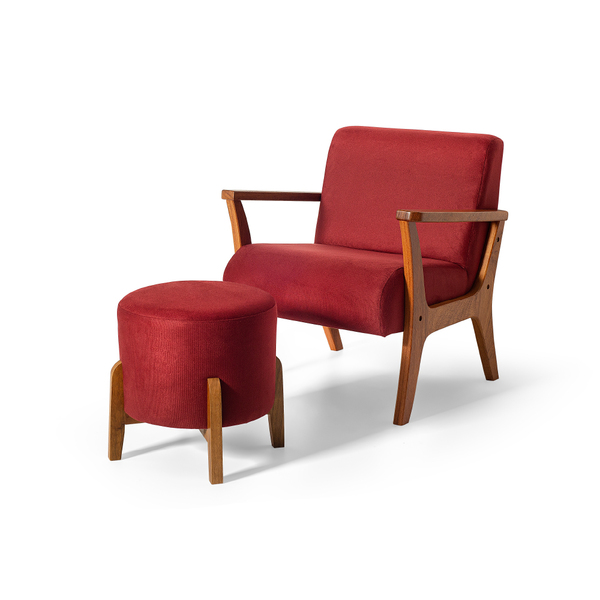 Conjunto Poltrona Estofada Cléo Com Puff Redondo Berlim Dordô