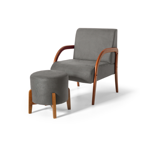 Conjunto Poltrona Estofada Duda Com Puff Redondo Berlim Cinza