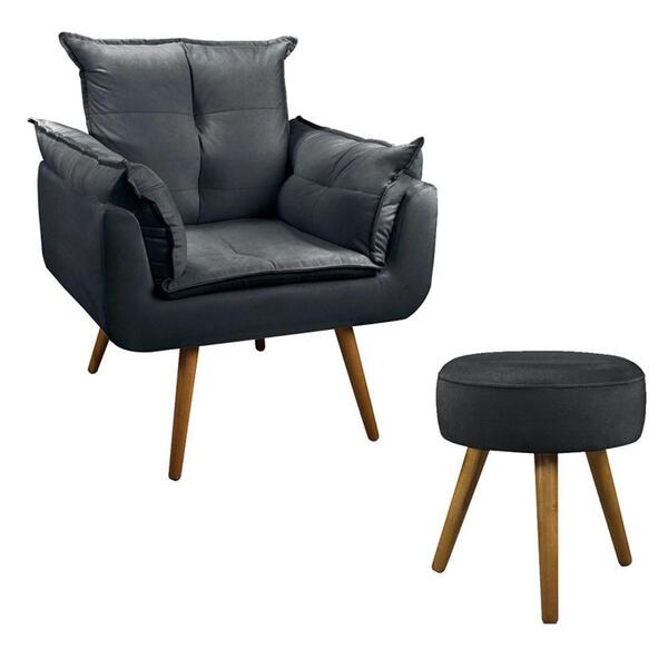 Conjunto Poltrona Opala E Puff Redondo Pés Palito Cinza