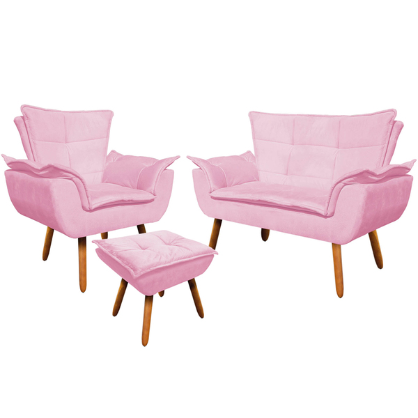 Conjunto Poltrona Puff E Namoradeira Pés Palito Charger Suede