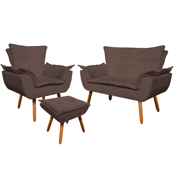 Conjunto Poltrona Puff E Namoradeira Pés Palito Charger Suede