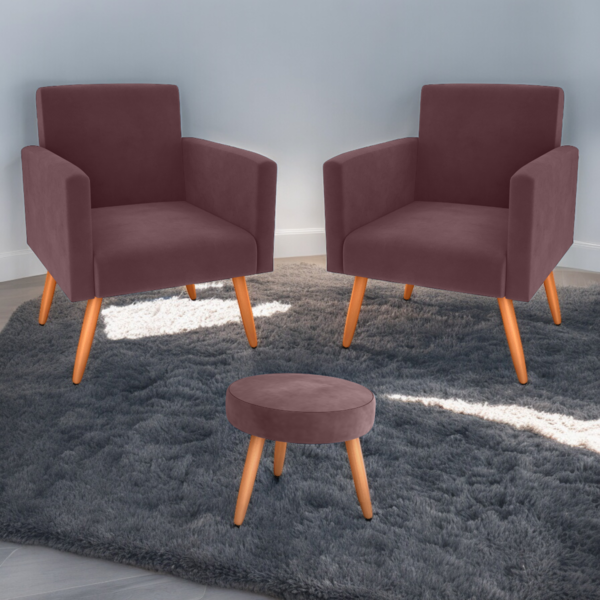 Conjunto Poltronas E Puff Anari Veludo Rosê