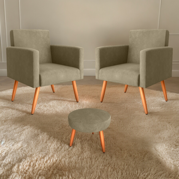 Conjunto Poltronas E Puff Anari Veludo Turkey Cappuccino