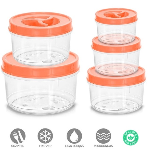 Conjunto Potes Mantimento Redondo Baixo Tampa Com Rosca Plást