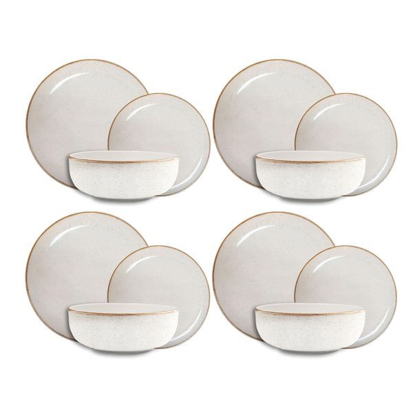 Conjunto Pratos Raso Fundo Sobremesa Cerâmica Caoba Bege 12