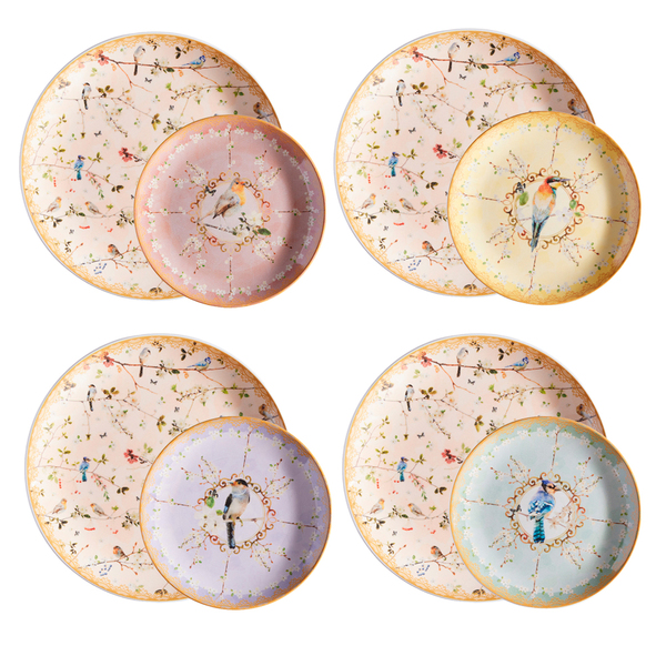 Conjunto Pratos Raso Sobremesa Cerâmica Sussurro Pássaro 8pç