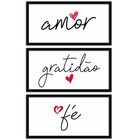 Conjunto Quadros Decorativos 3 Peças 15x30 Amor Gratidão Fé -