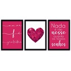 Conjunto Quadros Decorativos 3 Peças 20x30 Coração Rosa - Mol