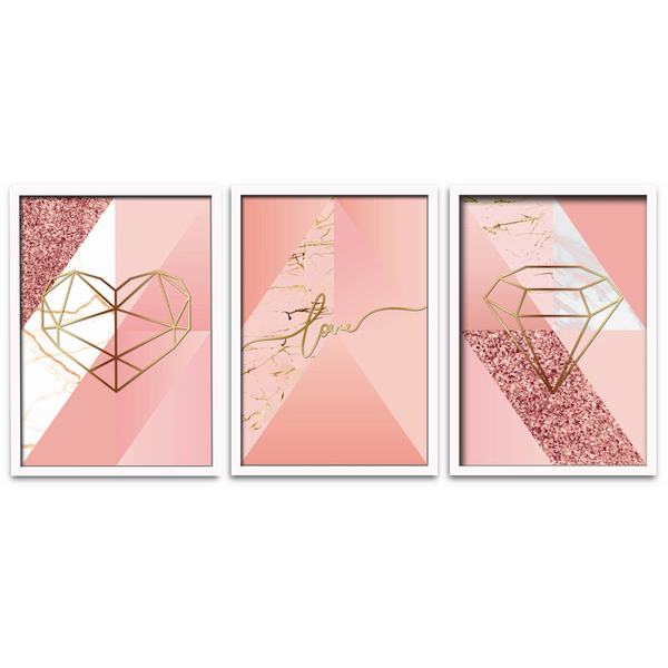 Conjunto Quadros Decorativos 3 Peças 30x45 Mdf Formas Rosa -