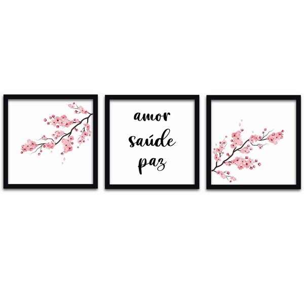Conjunto Quadros Decorativos 3 Peças 40x40 Amor Saúde Paz - M