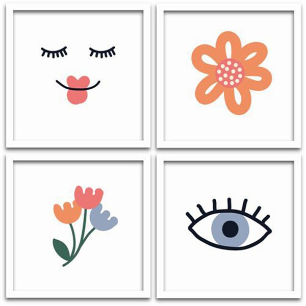 Conjunto Quadros Decorativos 4 Peças 20x20 Flores E Sorriso -