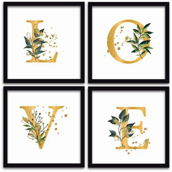 Conjunto Quadros Decorativos 4 Peças 25x25 Love - Moldura Pre