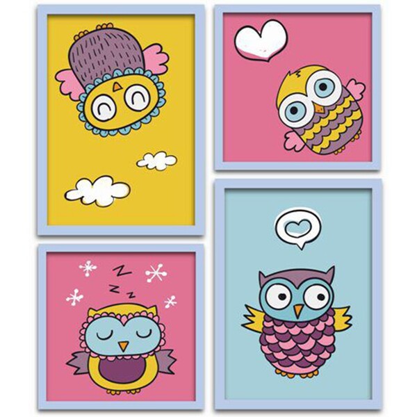 Conjunto Quadros Decorativos 4 Peças Corujinha - Moldura Azul