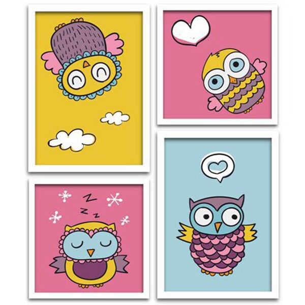 Conjunto Quadros Decorativos 4 Peças Corujinha - Moldura Bran