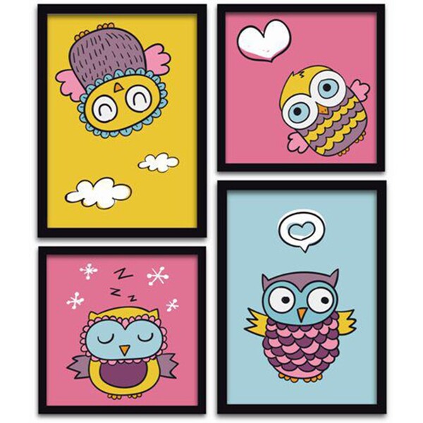 Conjunto Quadros Decorativos 4 Peças Corujinha - Moldura Preta