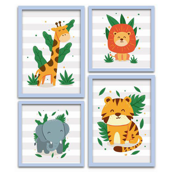 Conjunto Quadros Decorativos 4 Peças Mini Safari - Moldura Az