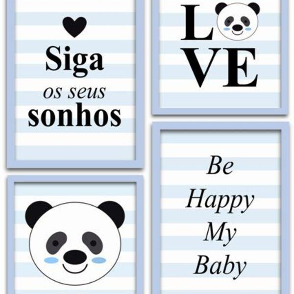 Conjunto Quadros Decorativos 4 Peças Panda Baby - Moldura Azu