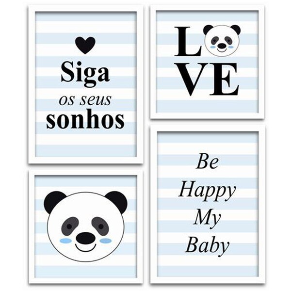 Conjunto Quadros Decorativos 4 Peças Panda Baby - Moldura Bra