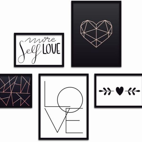 Conjunto Quadros Decorativos 5 Peças Love Frase - Moldura Pre