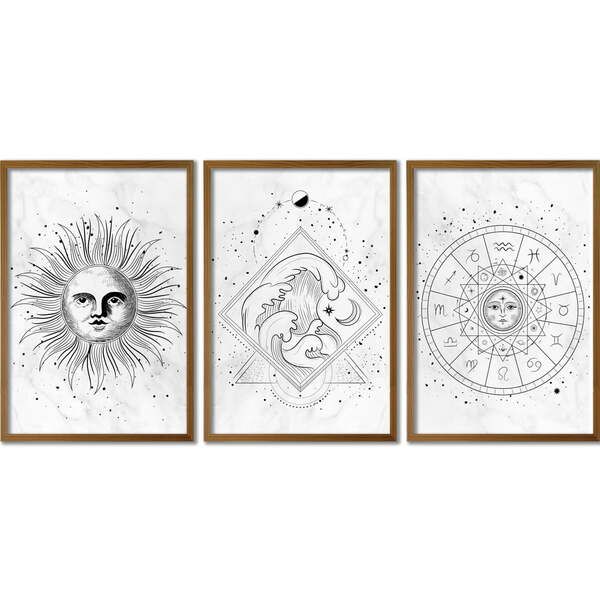 Conjunto Quadros Decorativos Astros Sem Vidro Marrom