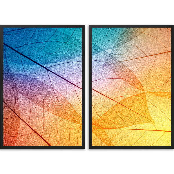 Conjunto Quadros Decorativos Folhas Coloridas Sem Vidro Preto