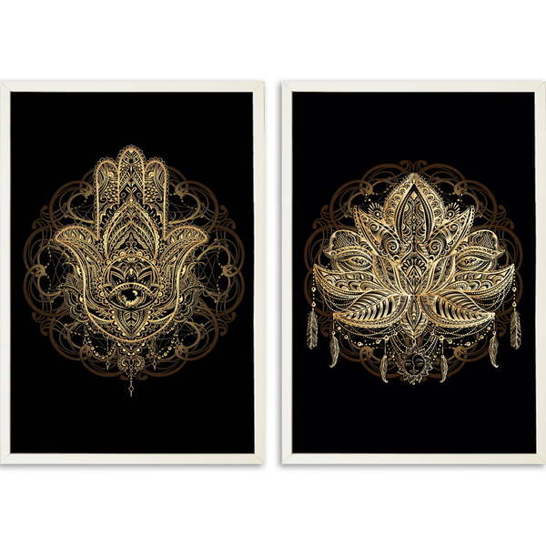 Conjunto Quadros Decorativos Hamsa Lótus Sem Vidro Branco