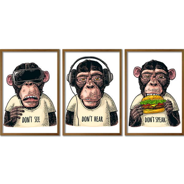 Conjunto Quadros Decorativos Macacos Sem Vidro Marrom
