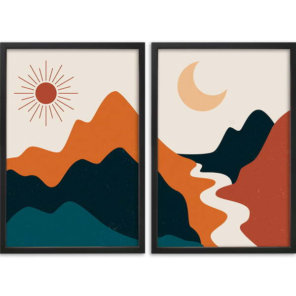 Conjunto Quadros Paisagem Minimalista Sem Vidro Preto