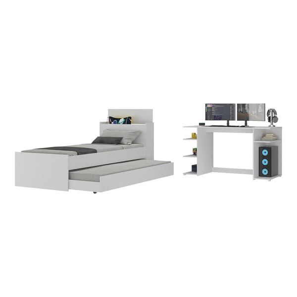 Conjunto Quarto Bicama Com Colchão E Baú/mesa Gamer Multimóve