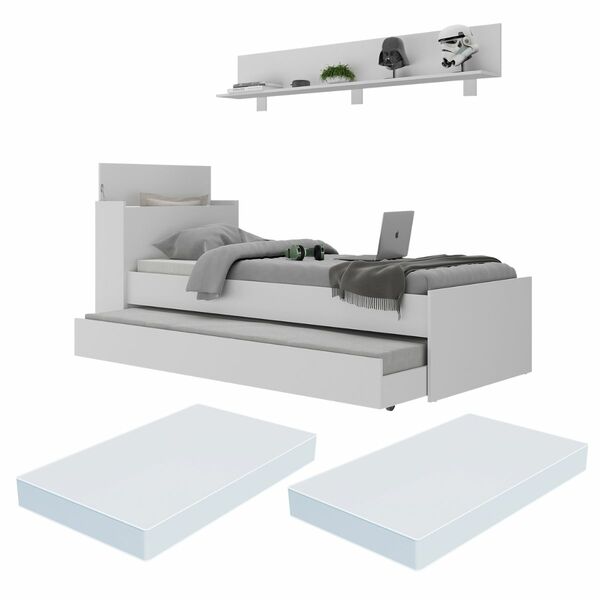 Conjunto Quarto Bicama Com Colchão E Baú/prateleira 175cm Mul