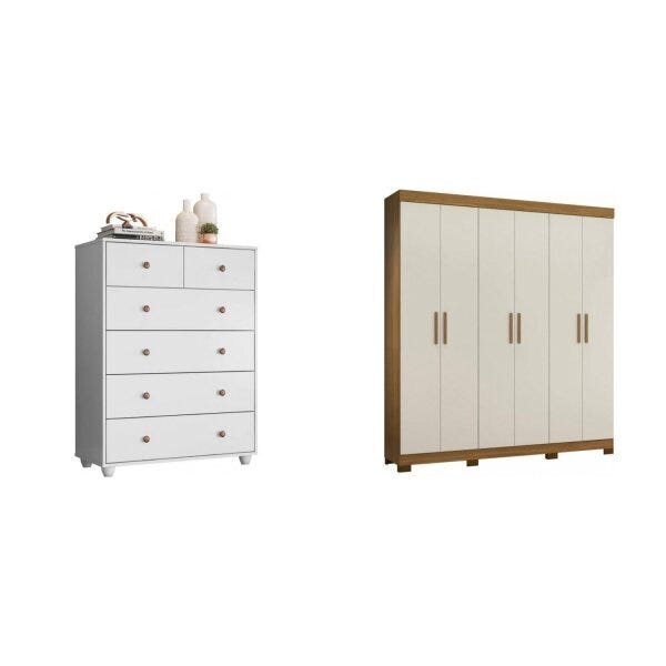 Conjunto Quarto Casal Cômoda 6 Gavetas E Guarda-roupa 6 Porta