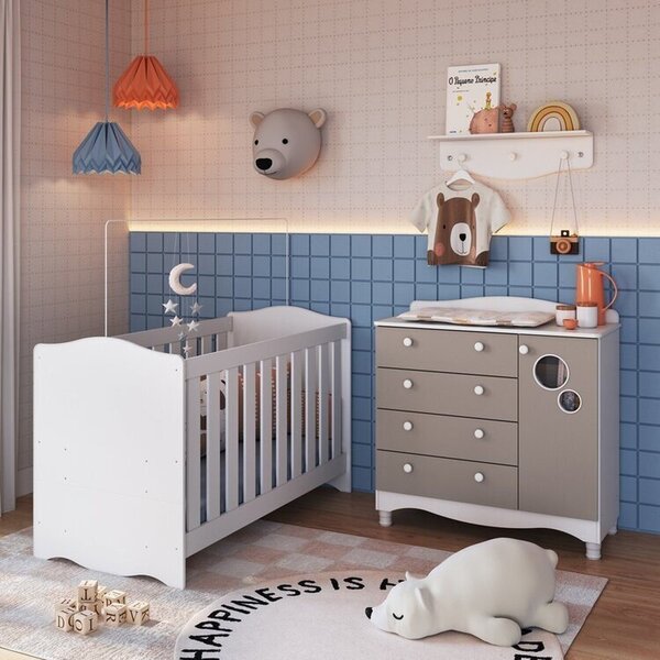 Conjunto Quarto De Bebê 1 Berço 1 Colchão 1 Cômoda 4 Gavetas